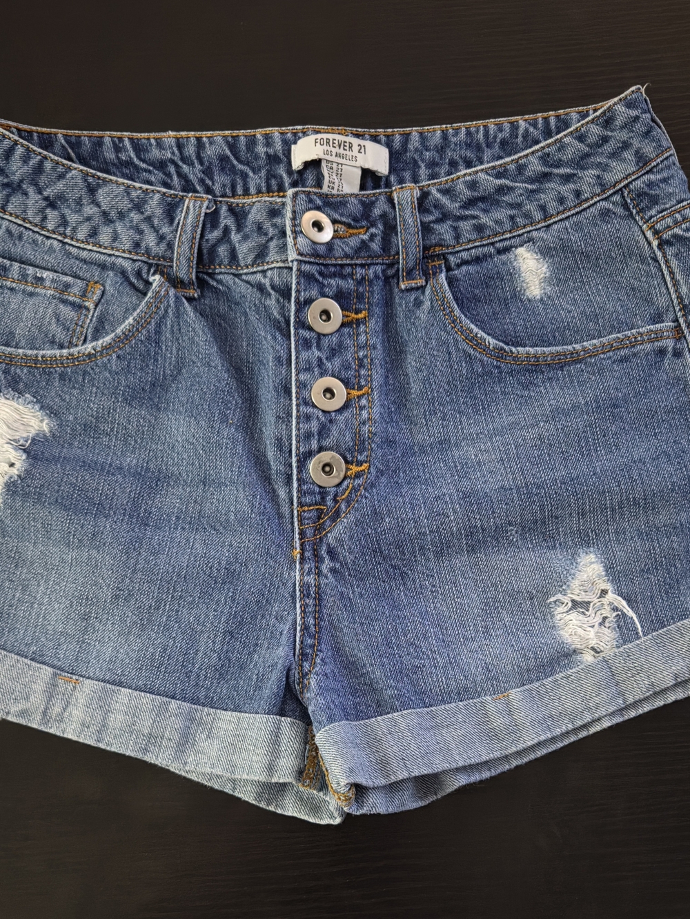 Forever 21 Blue Distressed Button-Fly Jean Shorts